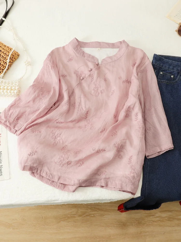 

Новый китайский хлопок и лен с вышивкой, женский летний свободный топ высокого класса с косым воротником-стойкой