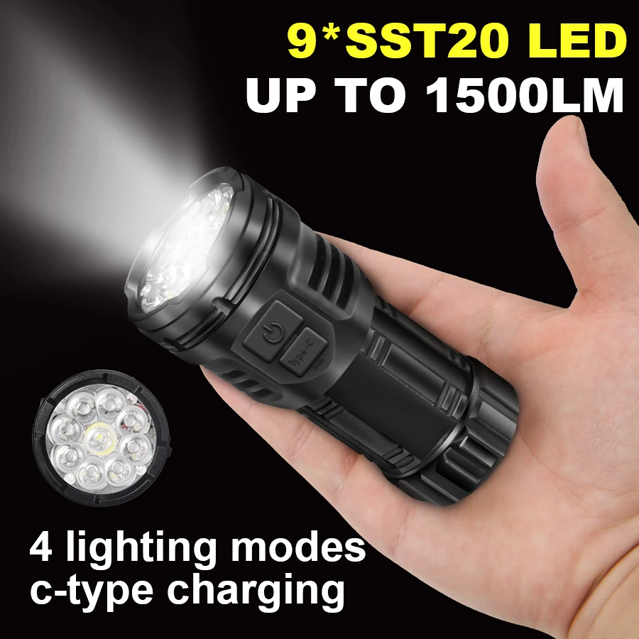 High Power LED COB Flashlight 9LED Rechargeable Camping Spotlight with Side Light 3 Lighting Modes for Camping Adventure Outdoor