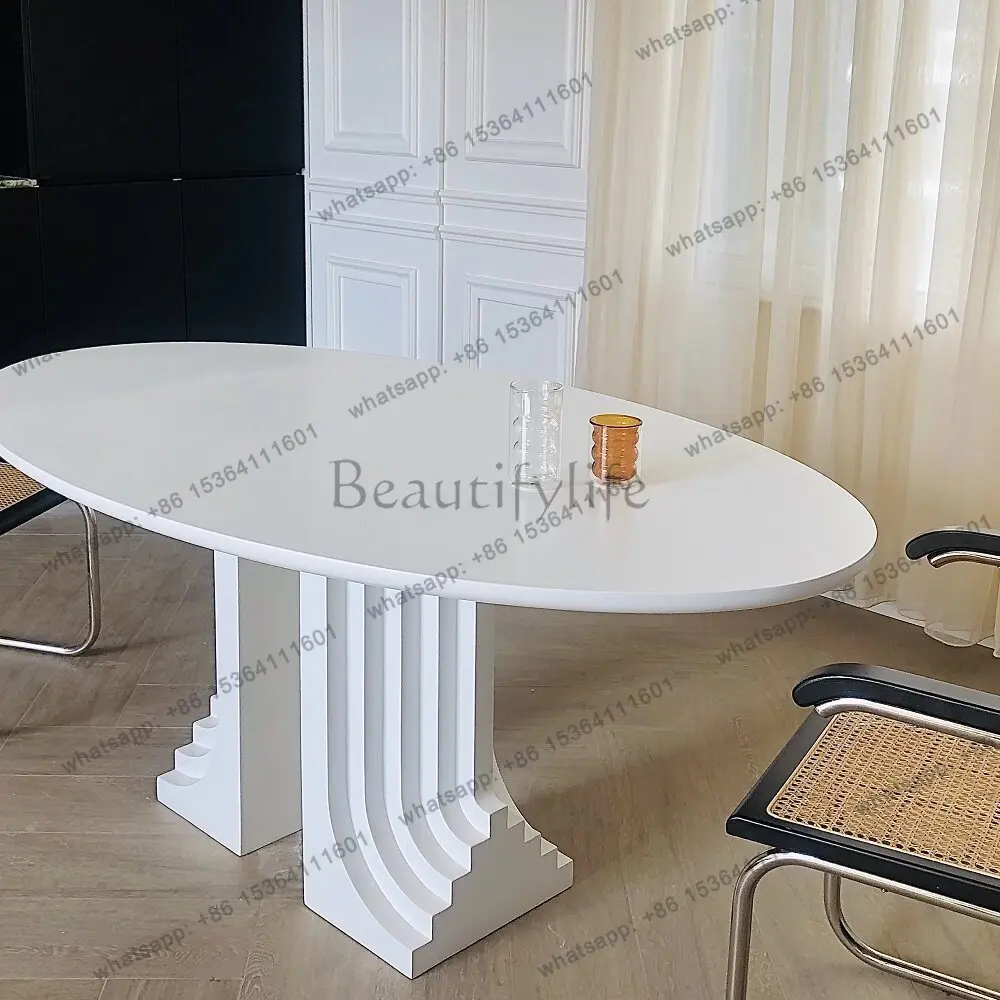 

Nordic medieval dining table French artistic sense oval retro dining table light luxury high sense retro