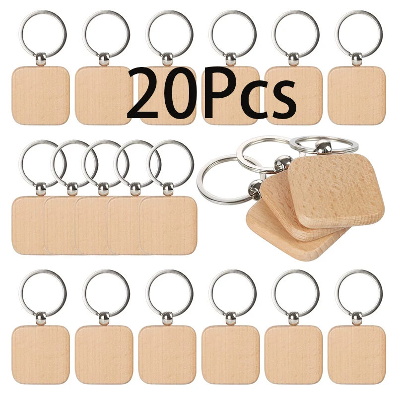 

20Pcs DIY Blank Wooden Key Chain Square Carved Key Ring Wooden Key Ring