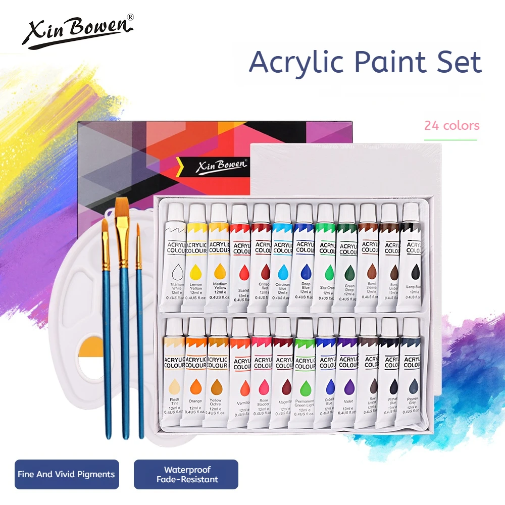 24 Colors Acrylic Paint Set with Paper & Palette Complete Artist Gift Kit