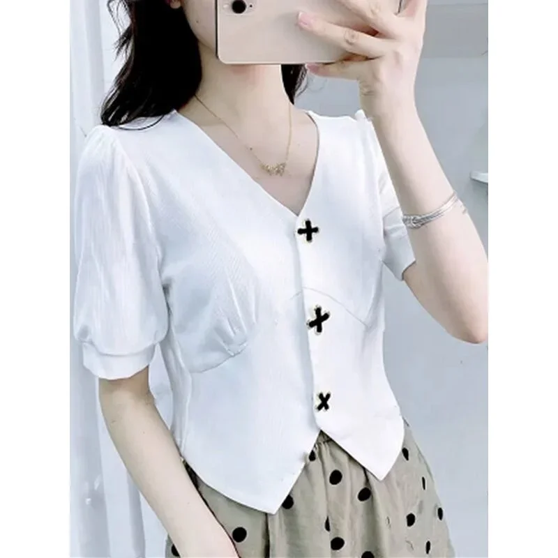 Design Short Sleeve V-neck Shirt Women's Fashion Summer Thin Top Vintage Clothes for Women Tops Shirts Blouses