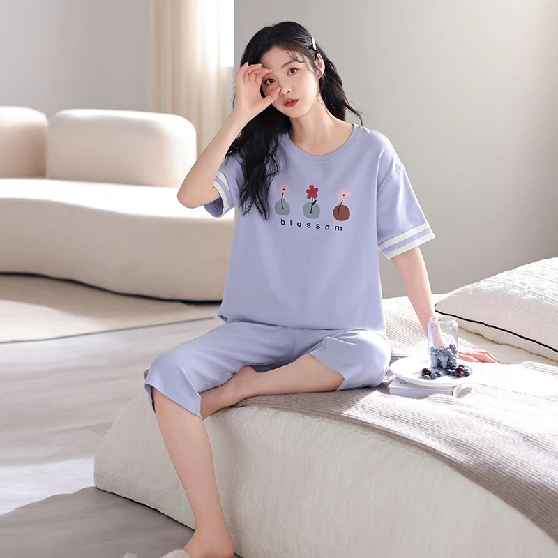 2024 Summer 100% Cotton Cute Short Sleeve Knee Length Pajama Sets for Women Korean Loose Sleepwear Pyjama Homewear Home Clothes