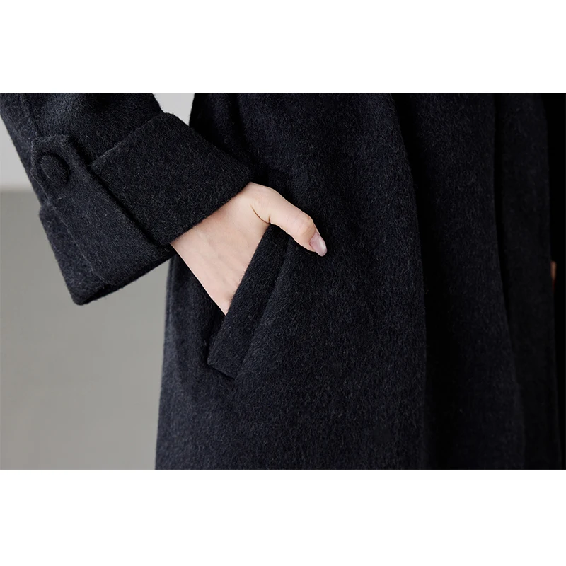 Casaco feminino de caxemira dupla face azul de comprimento médio de alta qualidade |   Estilo casual, agasalhos clássicos de lã com lapela larga