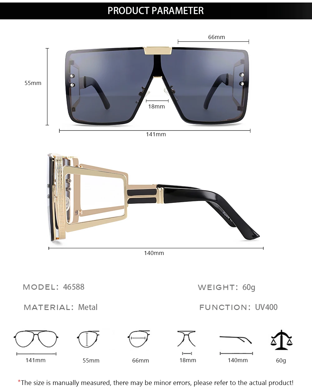 46588 Vintage Luxus Marke Sonnenbrille Frauen Großen Rahmen Männer Mode Eine Linse Quadratische Shades Uv400 Gläser – Detail 3