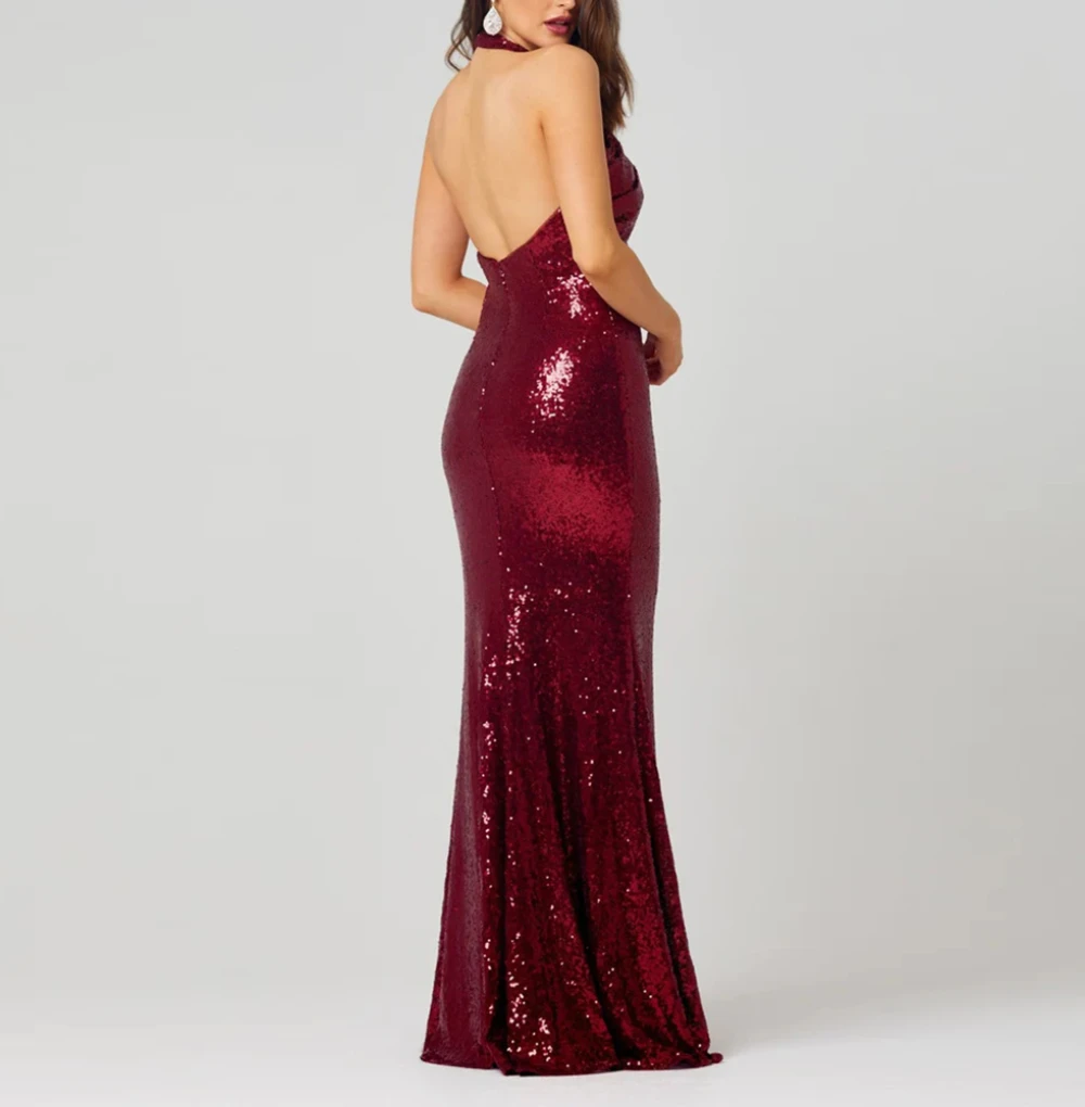 Vestidos de fiesta con purpurina personalizados, vestido de noche Formal de sirena largo sin mangas con cuello Halter, vestido de fiesta con lentejuelas hasta el suelo sin espalda Sexy