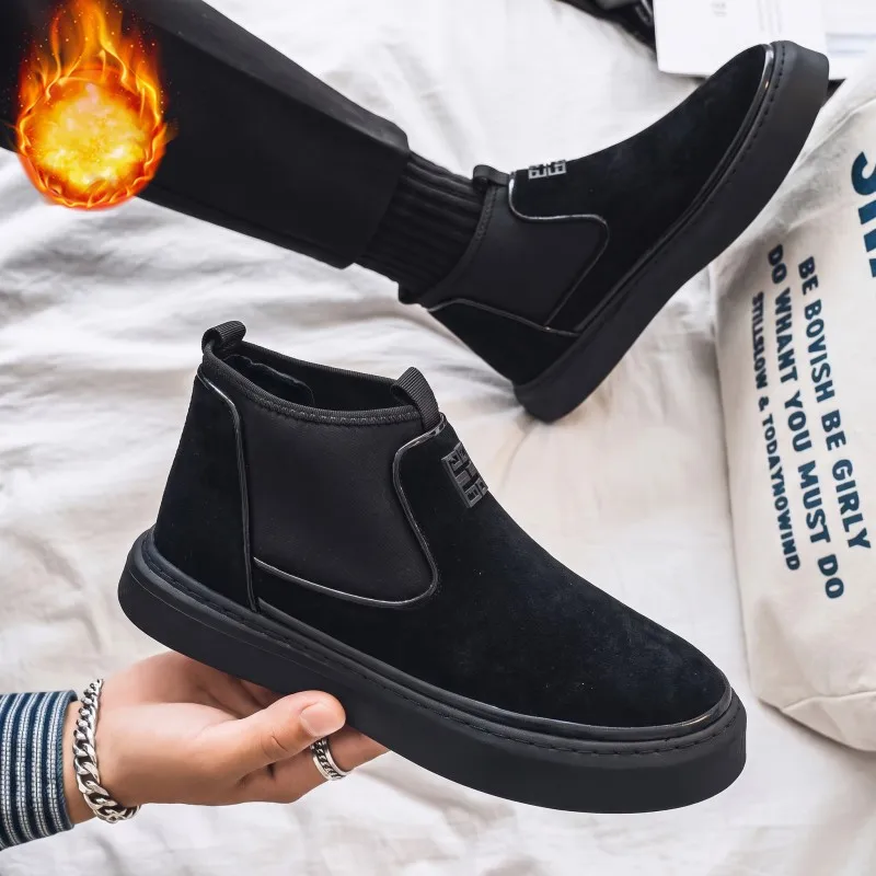 Botas Chelsea de cuero para hombre, botas de plataforma con forro polar, botas retro de algodón, zapatos de caña alta para hombre.