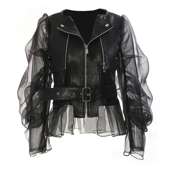 New Fashion PU Faux Leather Vest Steampunk Grunge Vintage Lace Mesh Crop Top Sexy senza maniche Slim moto jacket