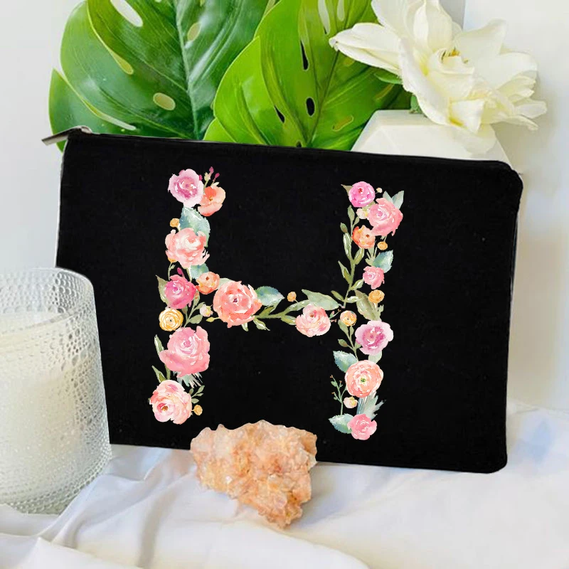 Initials Flower Black Cosmetic Bag Bridesmaid Maid of Honor Make-up Bag Bags Travel Storage Pouch Mujer Bolsas Wristlet Clutch