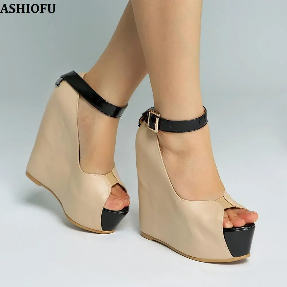 ASHIOFU New Handmade Womens Wadge Heel Pumps Buckle Strap Peep-toe Party Prom Dress Shoes Large Size Fashion Evening Court Shoes