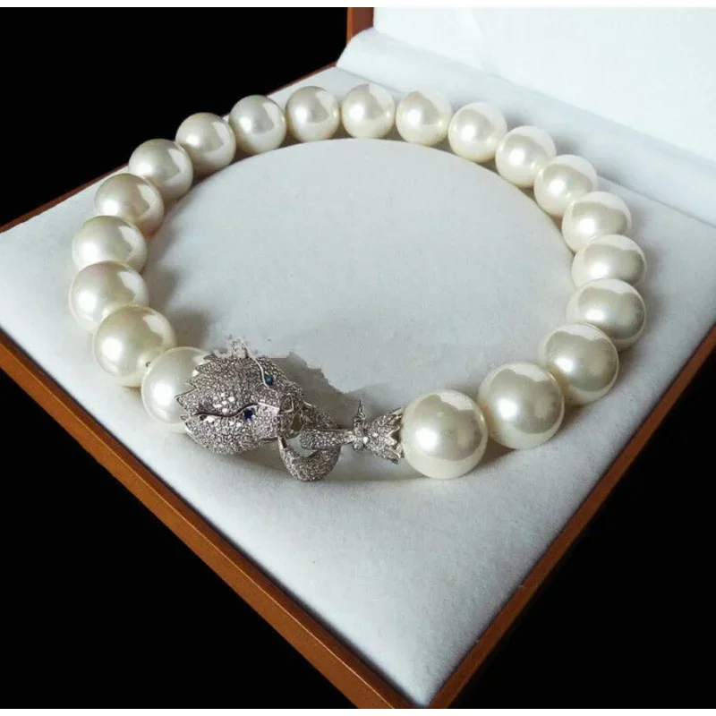 

Fine jewelry design Natural 18'' 20mm white shell pearl inlay zircon leopard head LUXUR Y necklace -Bride jewel