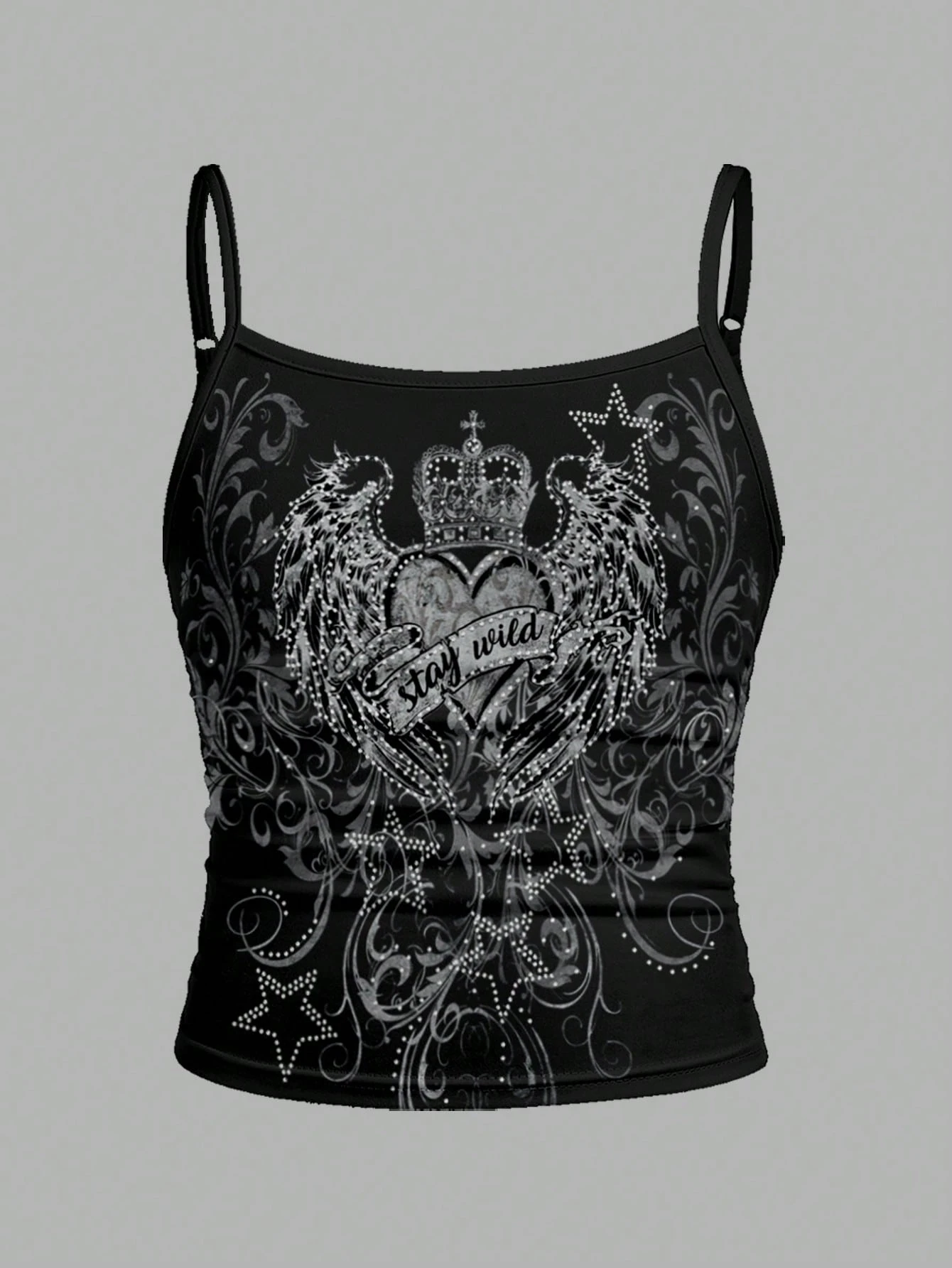 Y2K Gothic Crop Top mit Flügel-, Herz- und Kreuz-Print, Baby-T-Shirt, Vintage Slim Fit Kurzarm-T-Shirt – Detail 7