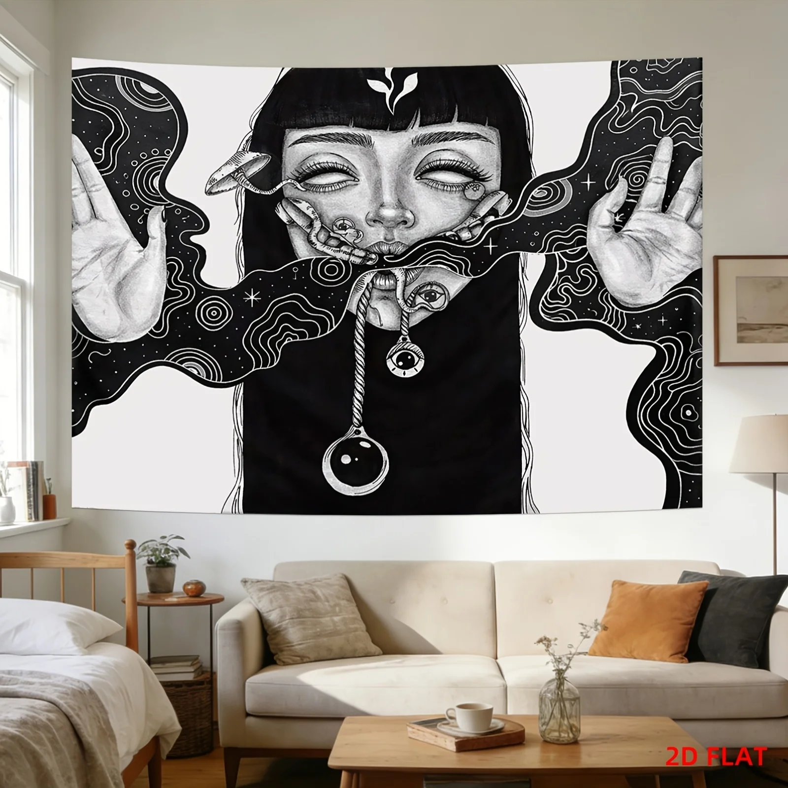 VIKAMA Dark Surreal Psychedelic Girl Tapestry, Black White Hand Drawn Wall Hanging for Bedroom Living Room Decor