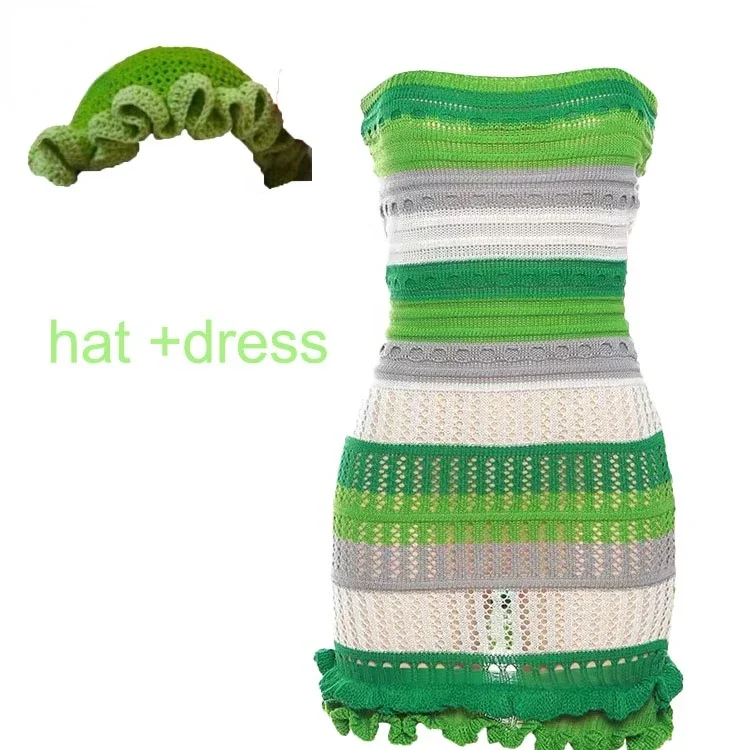 Knitted 2 Piece Sets Women Hats + Mini Skirts Fashion Casual Strapless Dress Matching Suits