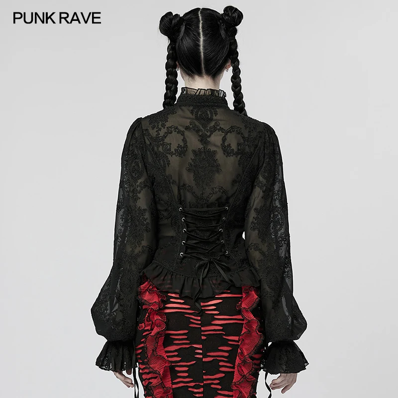 PUNK RAVE Women's Gothic Flare Sleeves Chiffon Embroidered Perspective Blouse Ruffle Stand Collar Shirt 2 Colors Spring/Autumn