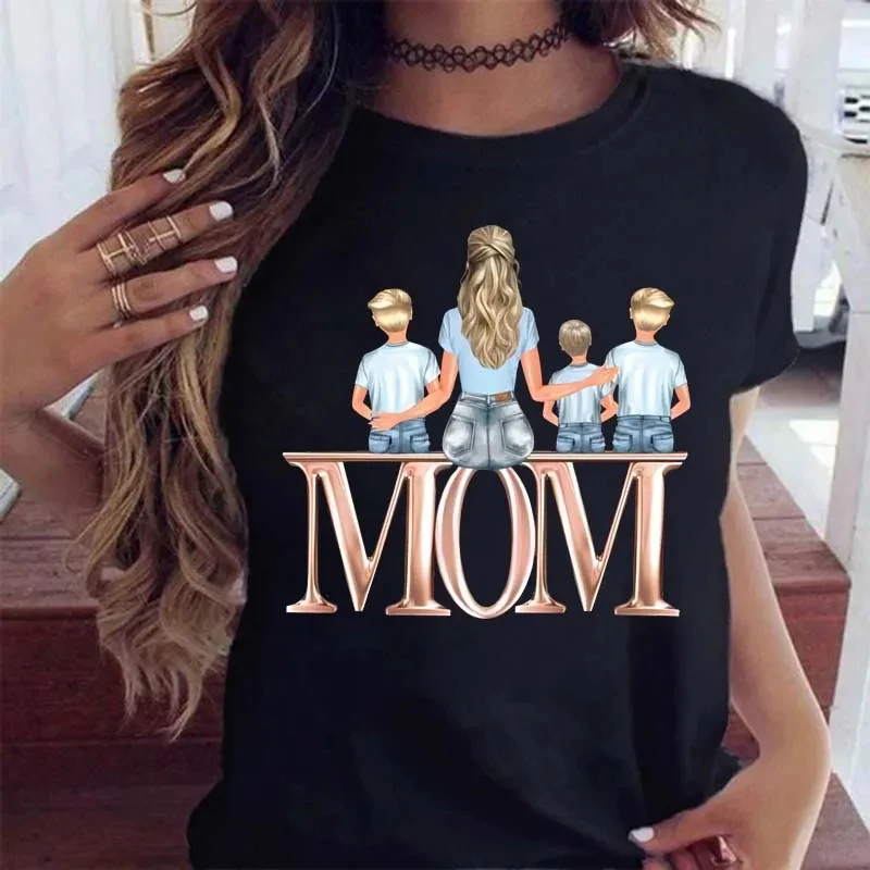 

Women T Shirt Cartoon Mom with Sons Shirt Fashion Print Casual Woman Tee Ladies Female T-shirt Short Sleeve T Top Shirt 42566