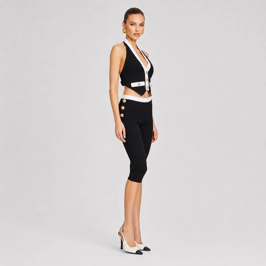 Sexy Women Bandage Top Pant Two Piece Sets V-neck Halter Backless Top + Button Decoration Capri Pants Suits Evening Cocktail Set