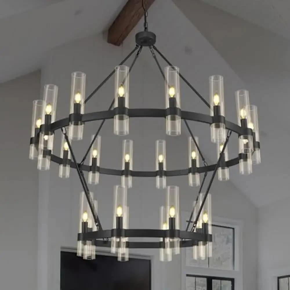 Modern 24-Light Black Wagon Wheel Chandelier Glass Shade Farmhouse Lighting