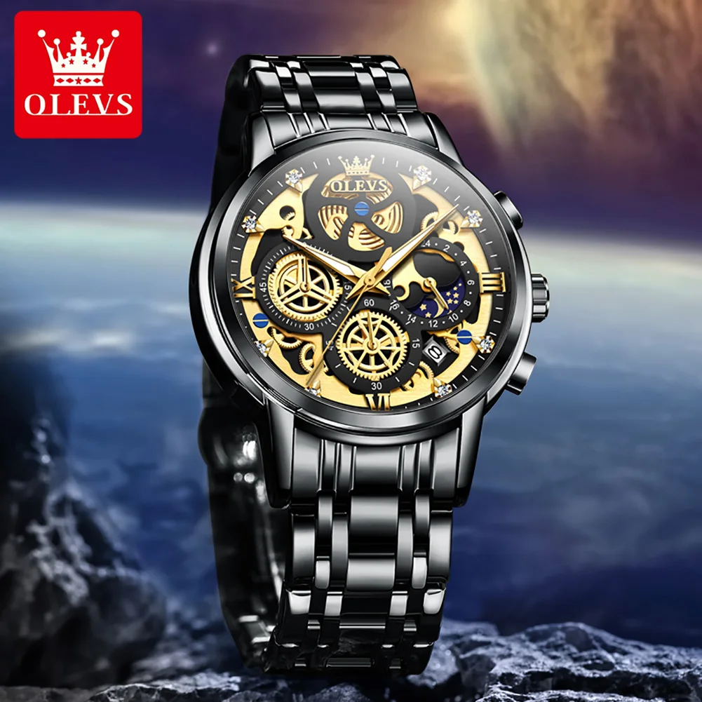 OLEVS 9947 Hot Sell Original Quartz Watch for Men Skeleton Flywheel Design Classic Chrono Small Dial Top Luxury Men's Wristwatch image 2