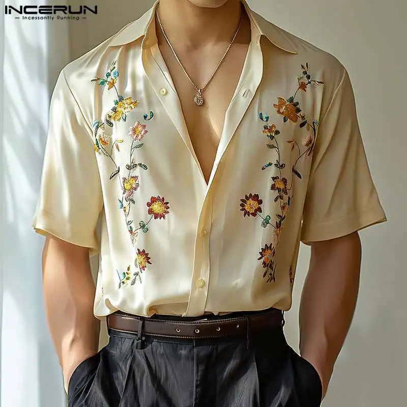 Stylish Well Fitting Tops INCERUN Men\'s Personality Printed Floral Shirt Summer Streetwear Short Sleeved Lapel Blouse S-5XL 2024