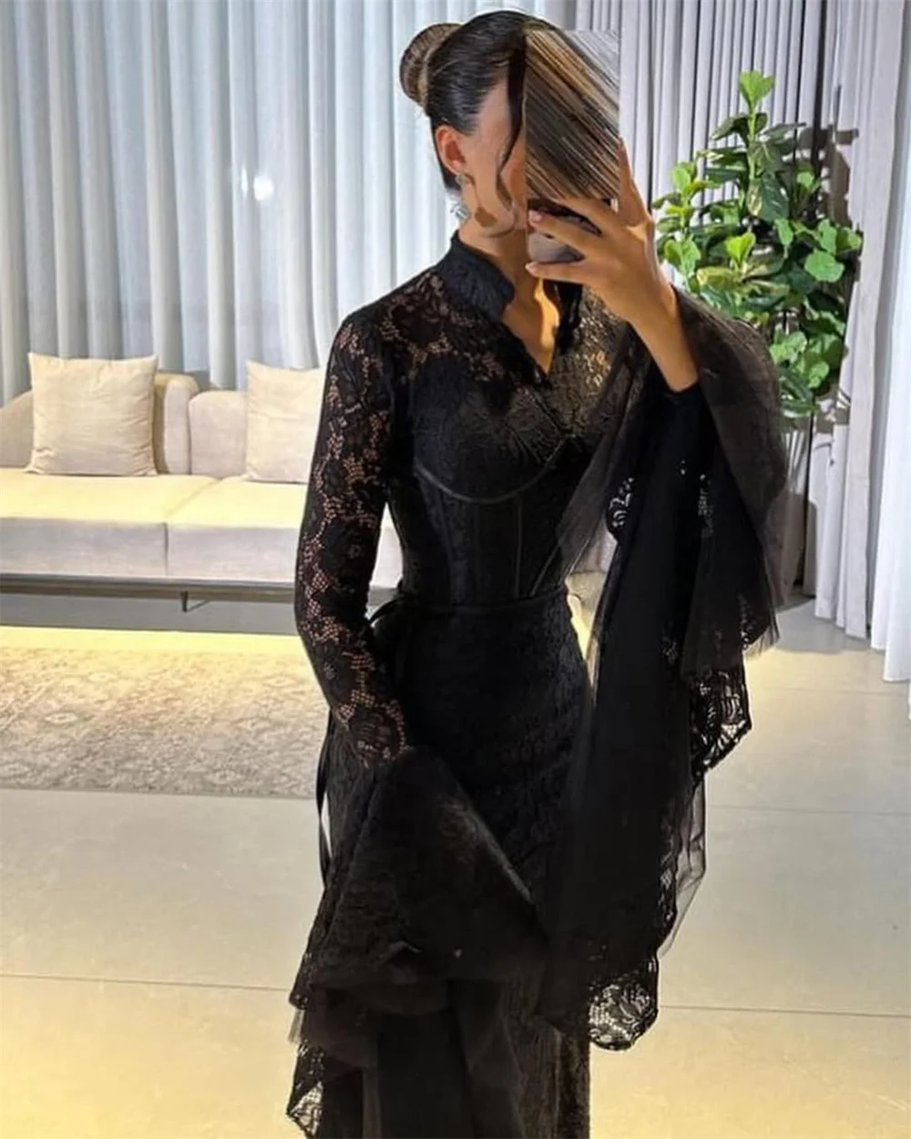 Contessa Dubai Flared Cuffs Lace Sheath Prom Dress Small V-neck Corset فساتين سهرات Floor Length 2025Srobes de soirée