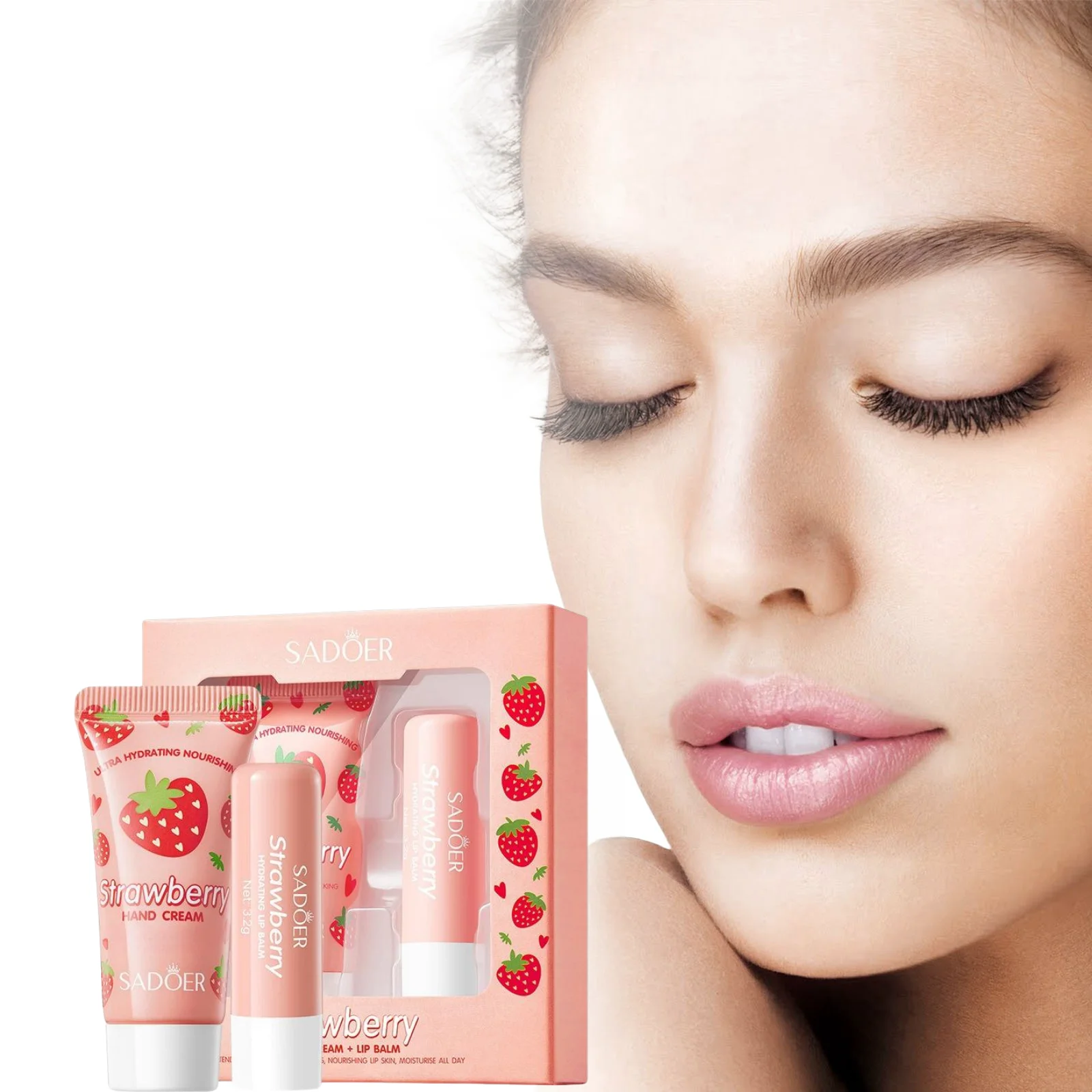 Sadoer Erdbeer-Handcreme + Lippenbalsam-Set, geeignet für Hände und Lippen, praktisch für den täglichen Gebrauch, perfekt als kleines Geschenk.