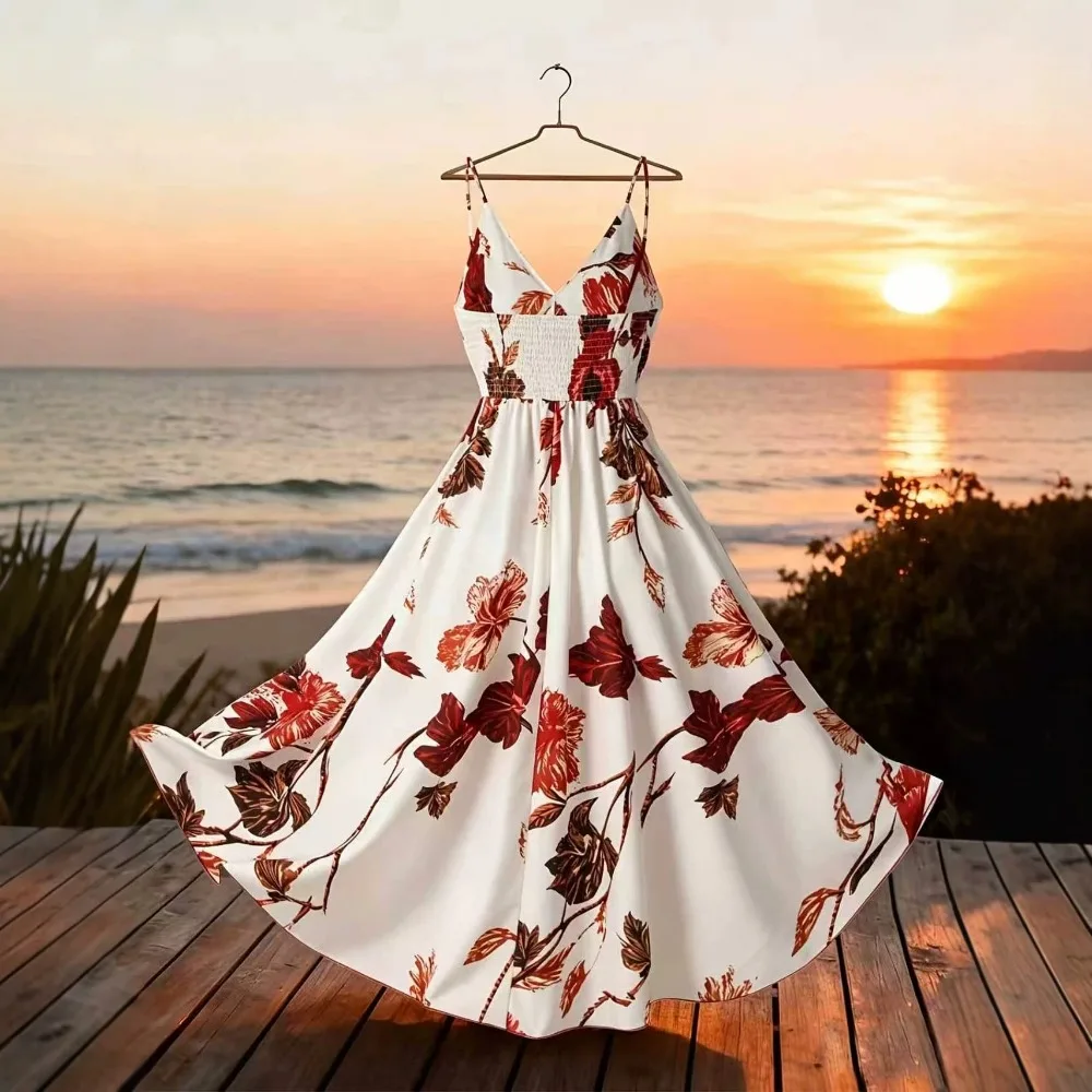 French Print Spaghetti Strap Dress Summer New Arrival Waist Slim Long Dress Beach Vacation Style European Ladies Sundress