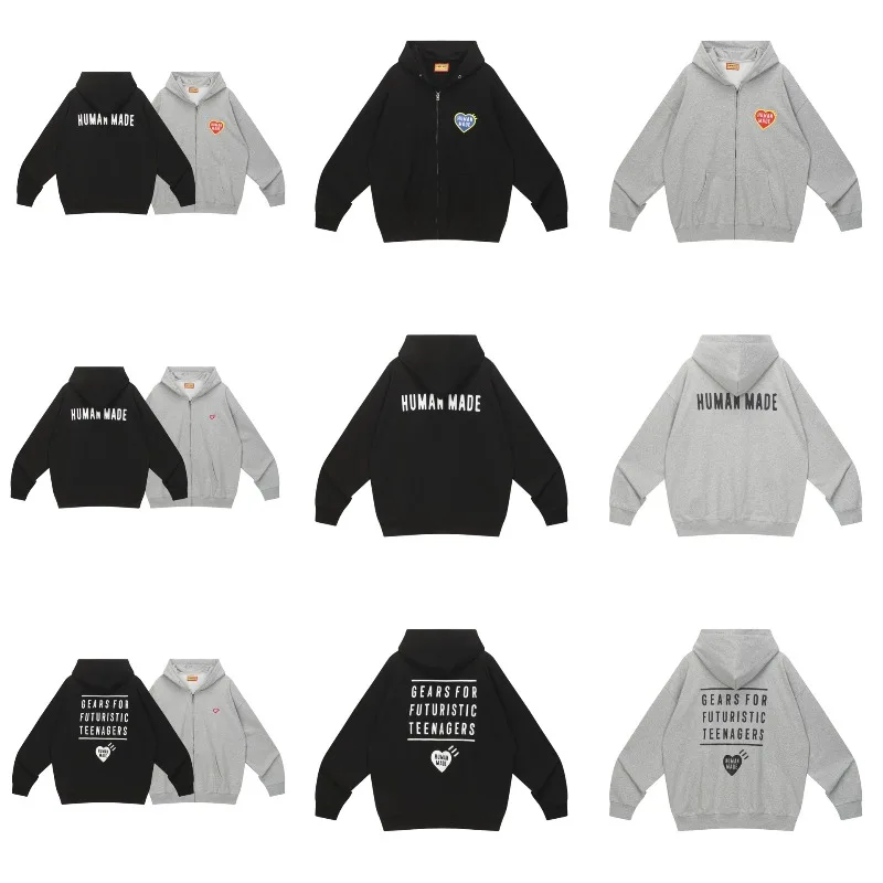Human Made Vintage Zip Hoodie Heart Print Oversize Pullover Couple Streetwear