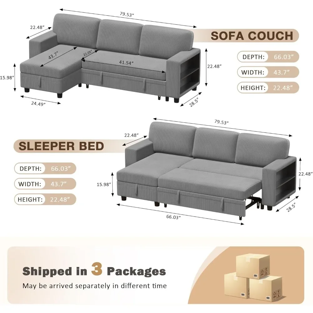 Sofa rozkładana 80 cali, rozkładana sofa z wbudowanym dużym schowkiem i 2 półkami na książki, rozkładana sofa segmentowa, wysuwana część