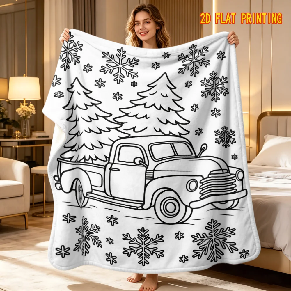 1pc 2D Flat DIY Colorable Vintage Truck Xmas Throw Blanket, Black White Line Art Truck & Christmas Tree Print