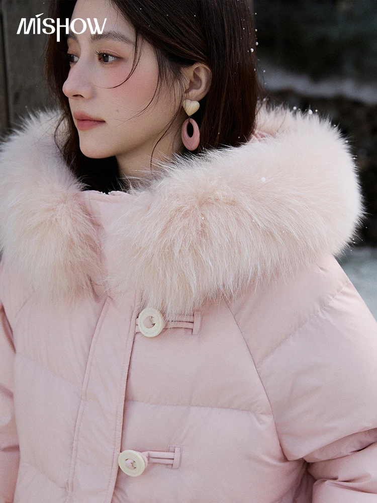 MISHOW Women's Long Down Coats 2025 Winter Fox Fur Collar 90% White Duck Down Down Jacket Warm Coat Large Pockets MXD112Y0070