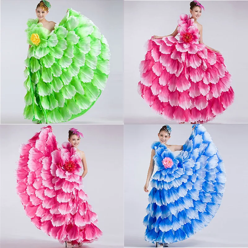 Vestido de baile de gran apertura con flores florecientes, traje de actuación de baile para mujer, falda grande de pétalos, acompañamiento de baile de canción, 360