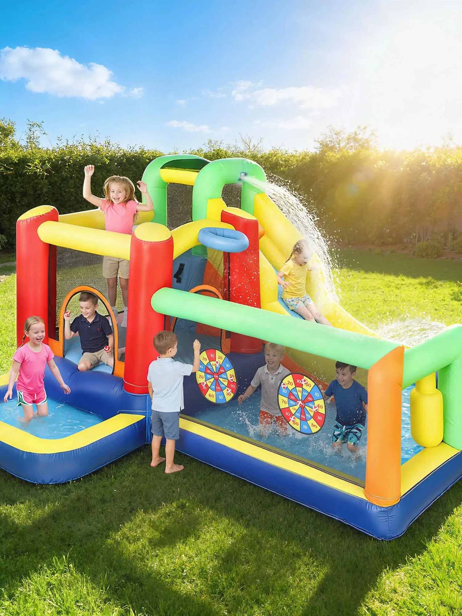 Aiyaplay Opblaasbaar Waterkasteel met 550W 9-in-1 Blaasmachine met Glijbaan, Trampoline, Klimrek, 2 Zwembaden, Basketbalring en Bokszuil - afbeelding 2