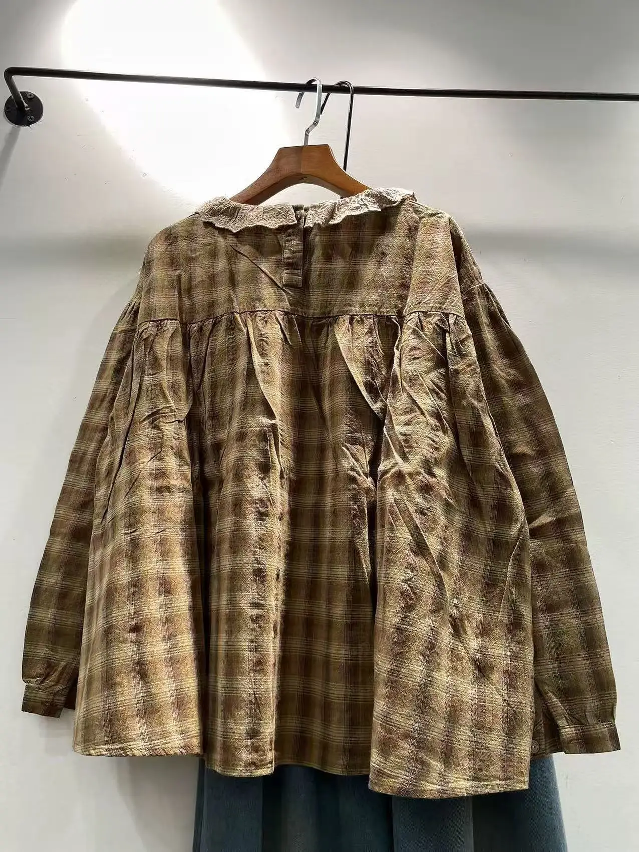 Bust 118cm Mori Girl Autumn Lace Collar Plaid Shirts and Blouses for Women Pullover Vintage Checkered Long Sleeve Tops