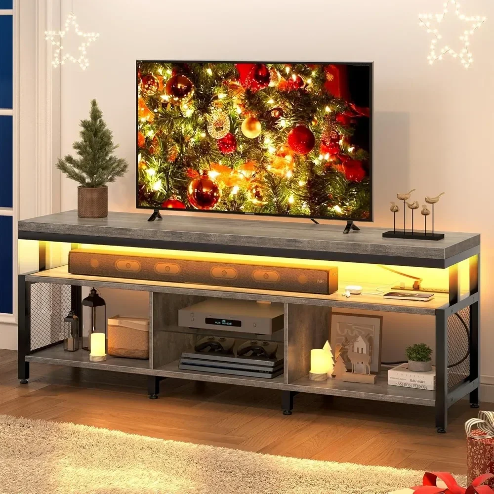 LED Television Stands w/Power Outlets for 70/65 inch,Industrial TV Stand,w/Open Storage TV Table,Center for Living Room, Gray