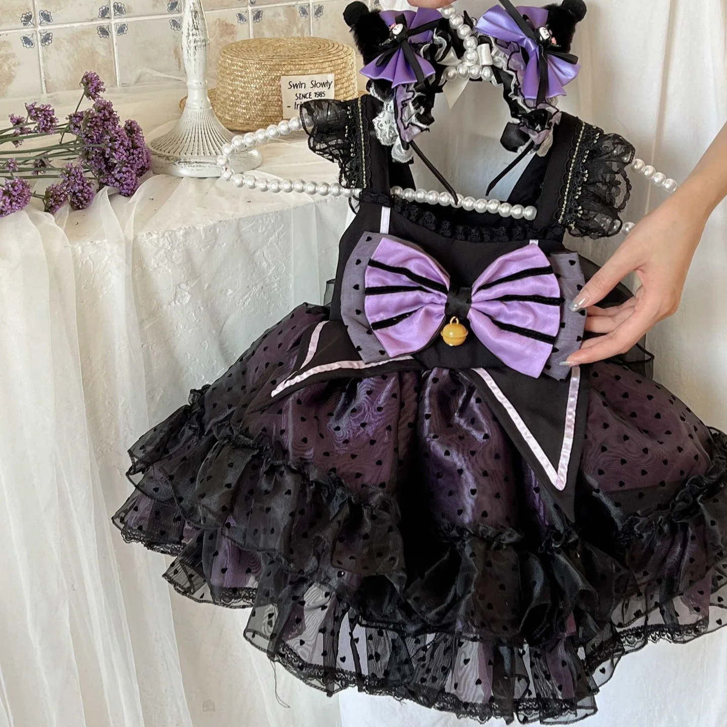 

2024 Kuromi Girls Summer New Lolita Dress Kawaii Sanrio Anime Princess Dress Cartoon Sweet Cute Slip Dress Babys Clothe Kid Gift