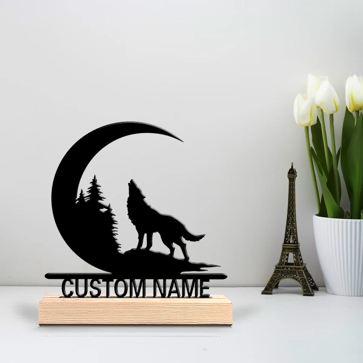 1pc wolf Howl Creative Metal Statue Customized Letter Art Figurine With Wood Base Iron Sculpture Study Desktop Decoration