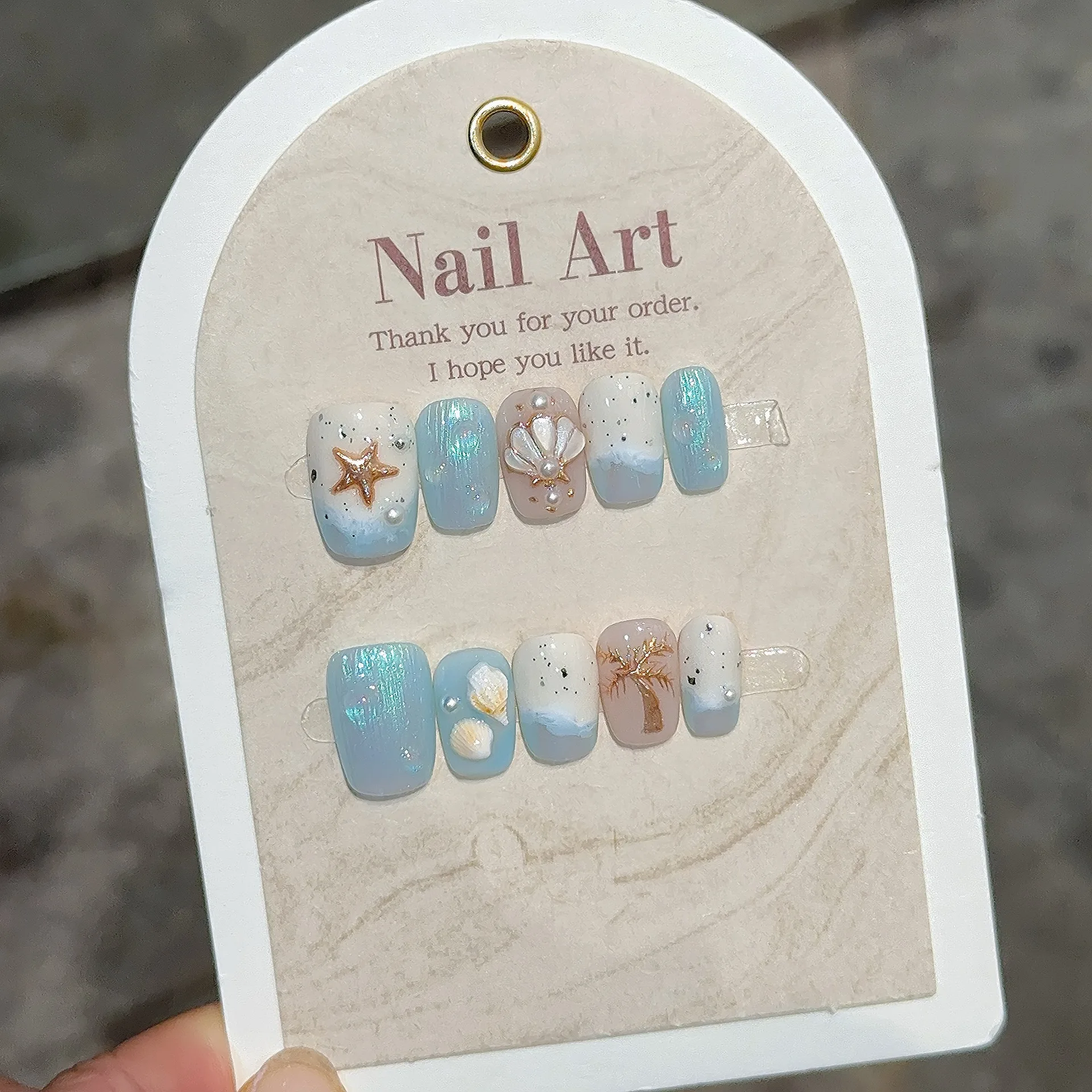 

10Pcs Blue Handmade Press on Nails Summer Short Coffin Fake Nails Tips Starfish Shell Pattern Detachable Full Cover False Nails