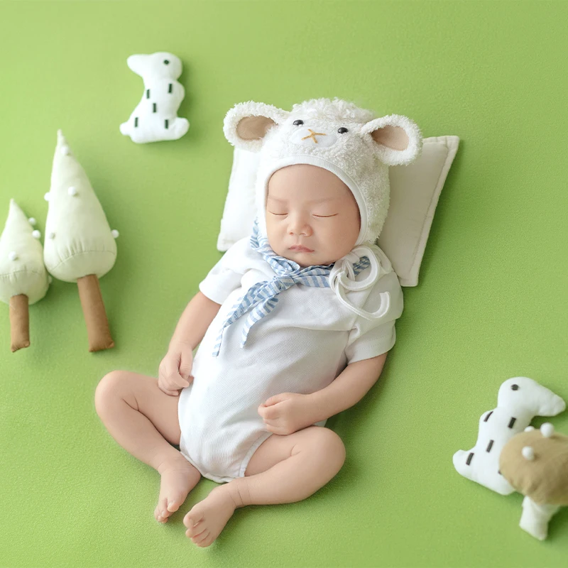 Newborn Sheep Photography Outfit Cute Lamb Hat Romper Set Fabric Tree Mushroom Props Infant Studio Shooting Costume for 0-1M