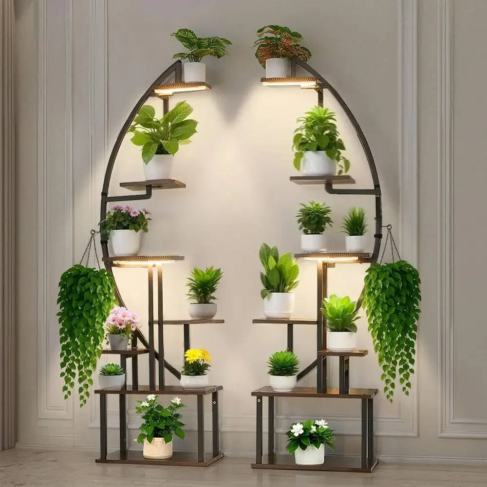 7-Tier Indoor Plant Stand with Grow Lights, 65.5 Tall, 2-Piece Metal Holder, 3 Timers & 10 LED Lights for Living Room