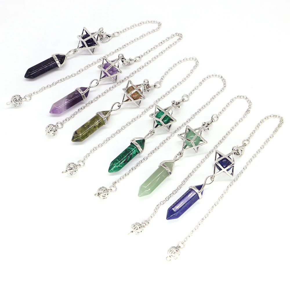 Natural Stone Pendulum Dowsing Divination Chain Hexagonal Column Geometry Merkaba Healing Crystal Bead Pendant Reiki Gem Pendule