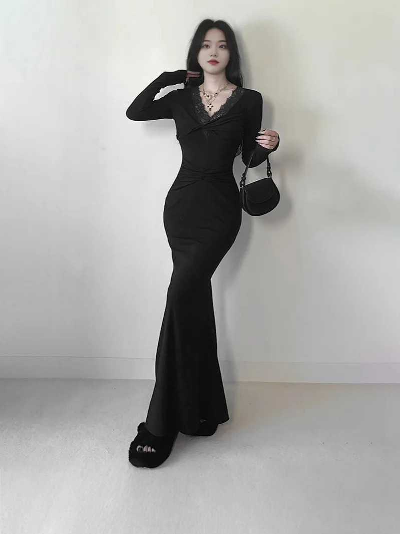 

Элегантное черное женское облегающее платье русалки, шикарный дизайн с перекрестным узлом, сексуальное длинное платье с v-образным вырезом, осеннее облегающее платье для милых девушек