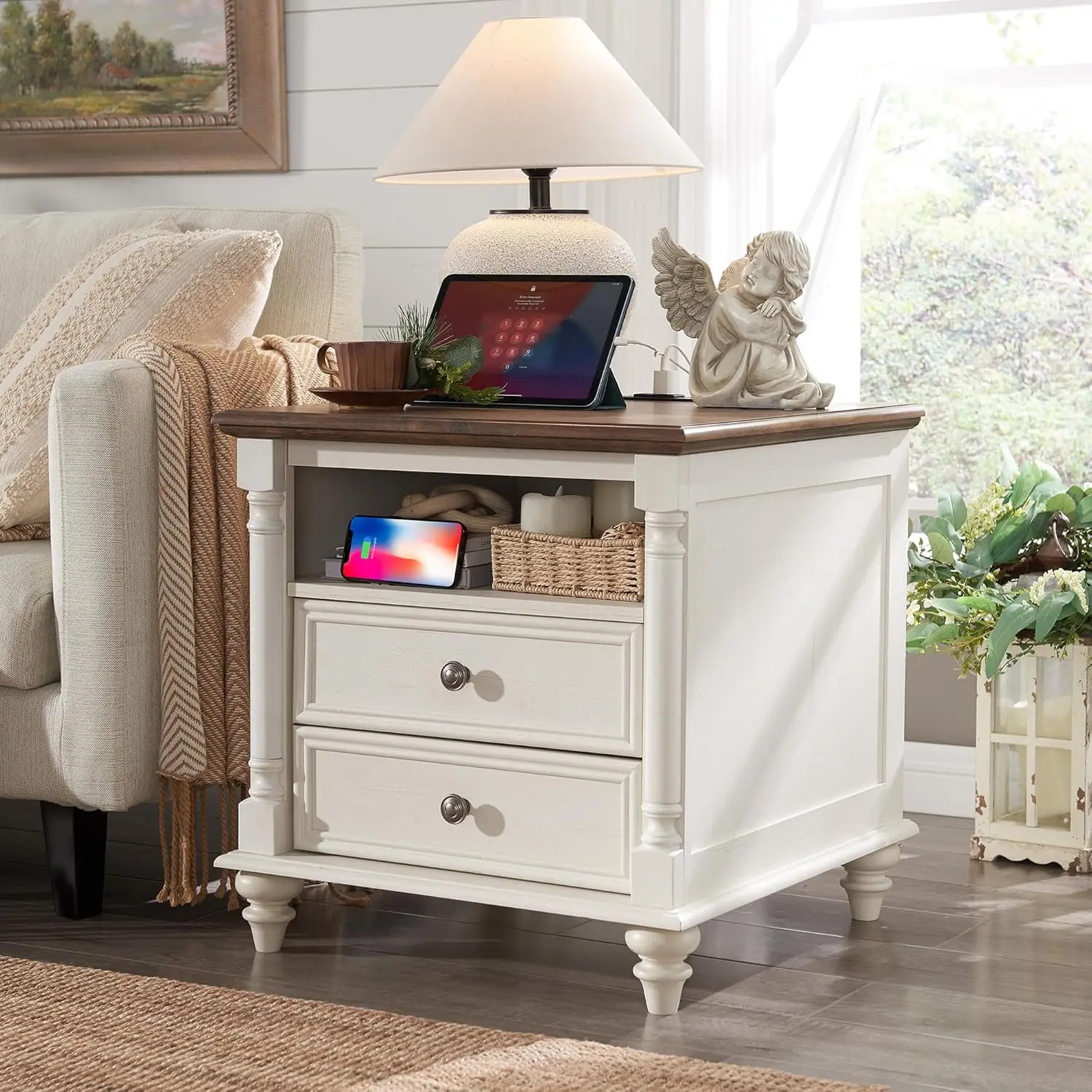 

24'' Farmhouse End Table w/4 Solid Wood Feet, Large 2 Drawers Wide Sofa Side Table with Charging Station, Tall Rustic Wood Squar