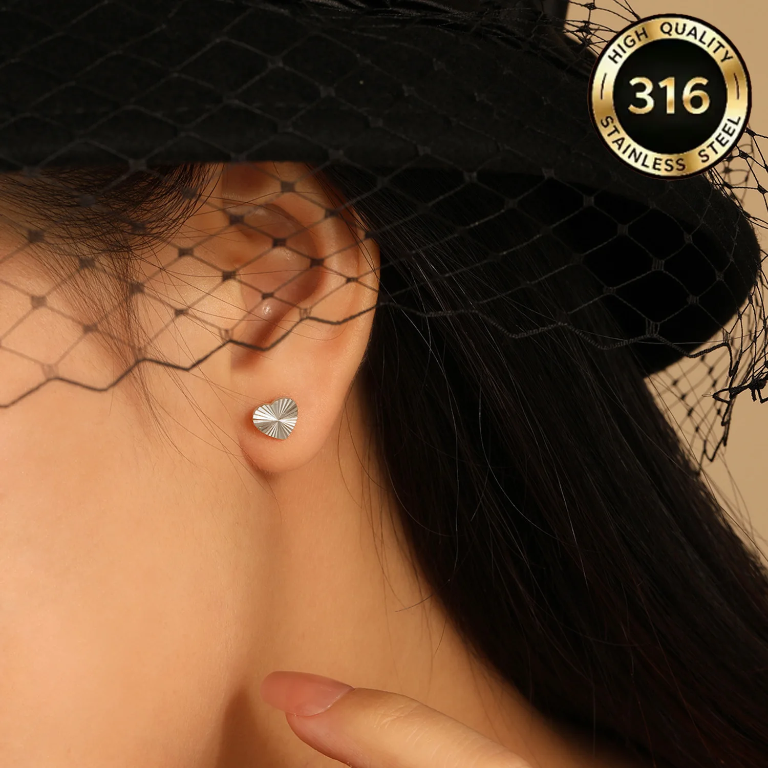 Women's Anti-Allergy Stainless Steel Heart-Shaped Earrings, Textured, Lightweight, Cute Stud Jewelry for Everyday Wear