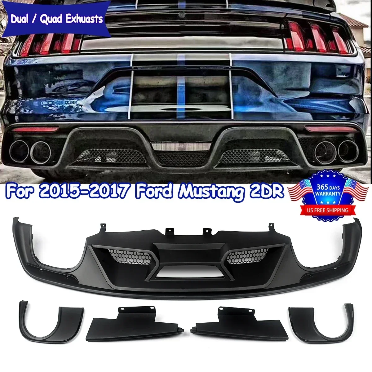 Fits 15-2017 Ford Mustang GT500 Style Rear Bumper Lip Diffuser Matte Black - PP