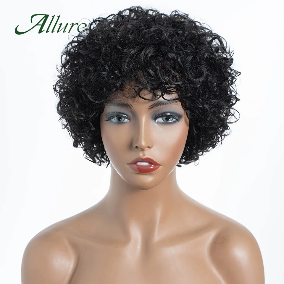 

Afo Kinky Curly Human Hair Wigs for Women Natural Black Colored Hair Wig With Bangs 8 inch Brazilian Pixie Short Hair Wig Allure