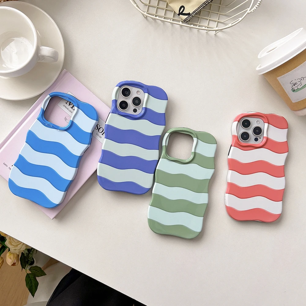 

Cute Glossy Wave Pattern Hit Color Stripe Phone Case for IPhone 16 15 14 13 Pro Max Shockproof Protective Wave Edges Back Cover