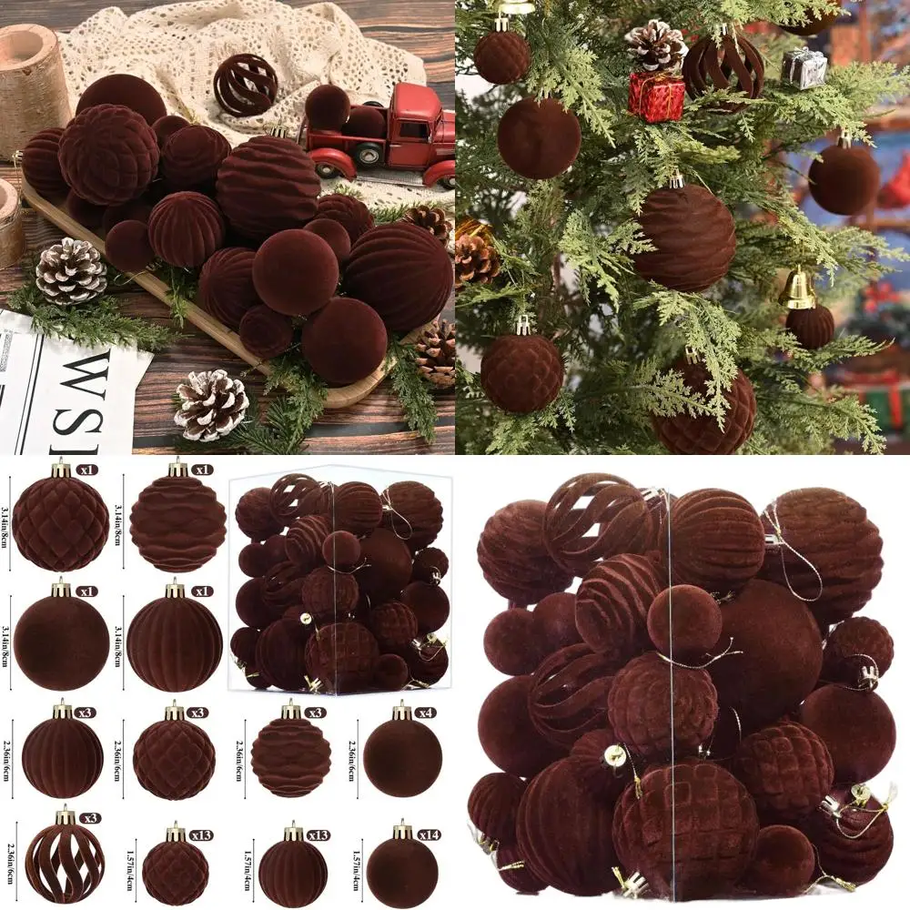 

60Pcs Brown Velvet Christmas Tree Ornaments - Shatterproof Hanging Balls in 3 Sizes for Holiday Decor