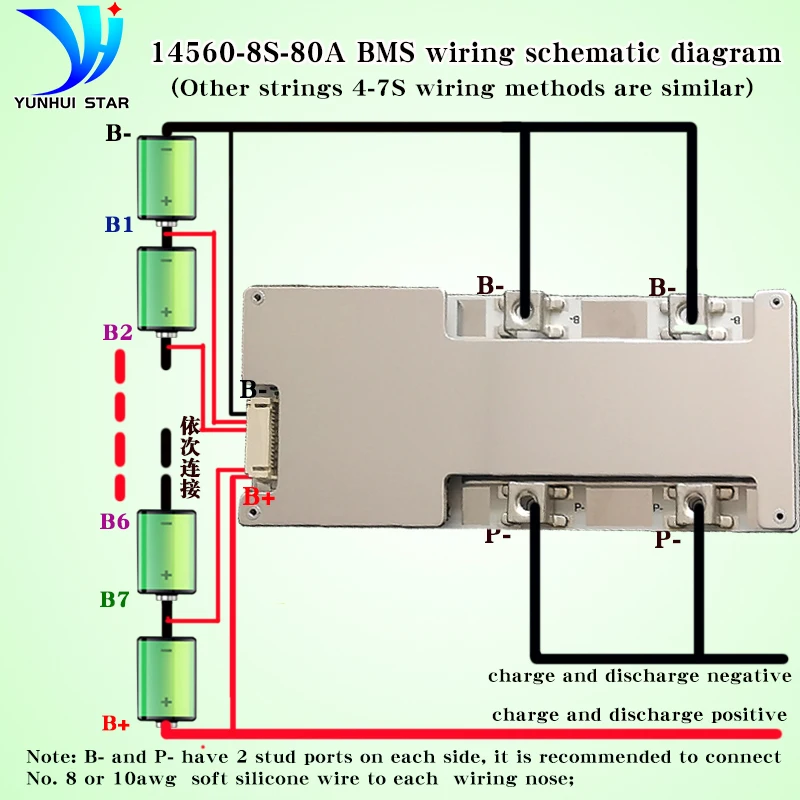 YUNHUI STAR-Placa de protección de litio bms 5s 6s, 7s, 8s, lifepo4, 18V, 20V, 22V, 24v, 80A, con equilibrador para batería de almacenamiento pequeña