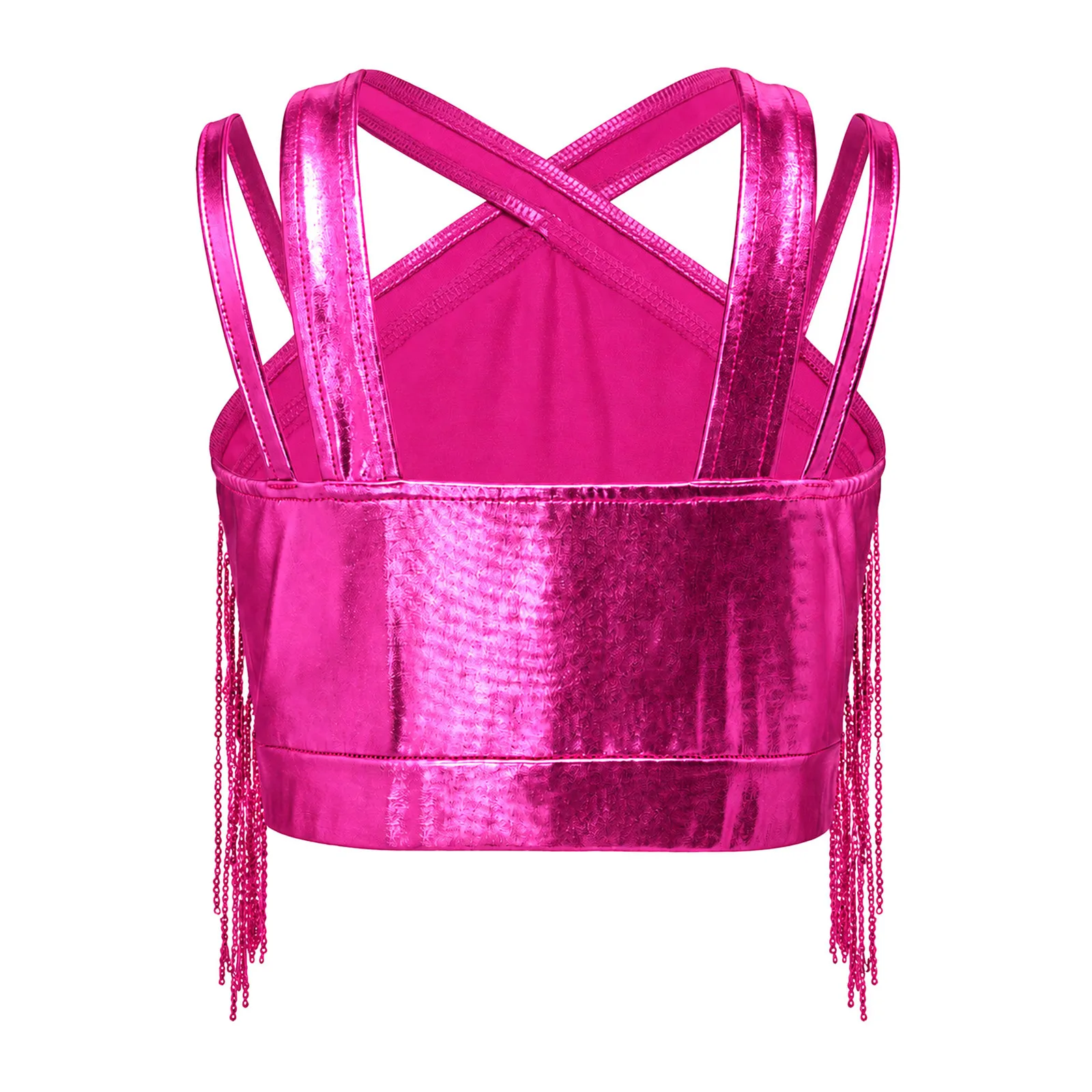 Kids Tassels Fringed Tops for Girls Shiny Sequins Tassels Metallic Vest Cross Front Sleeveless Crop Top for Latin Dance Costume